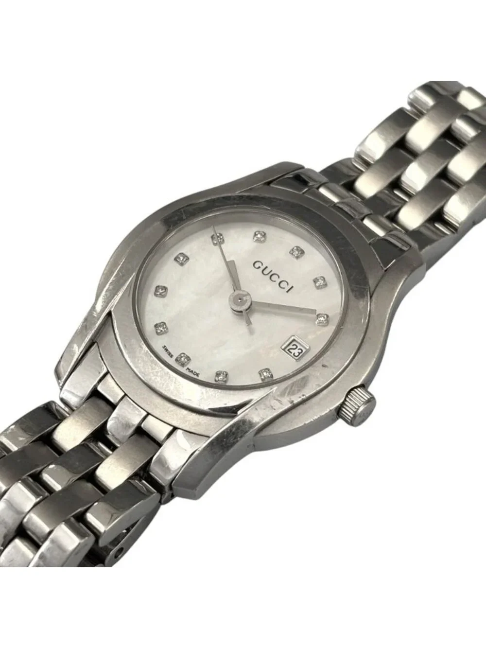 Gucci Diamond Shell Dial Watch Quartz SS Silver